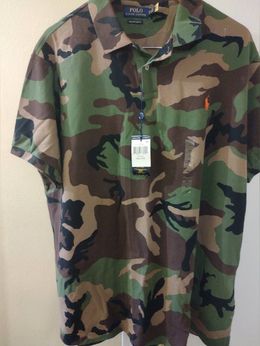 Ralph Lauren Men’s Green Brown Custom Slim Fit Camo Polo with Orange Logo